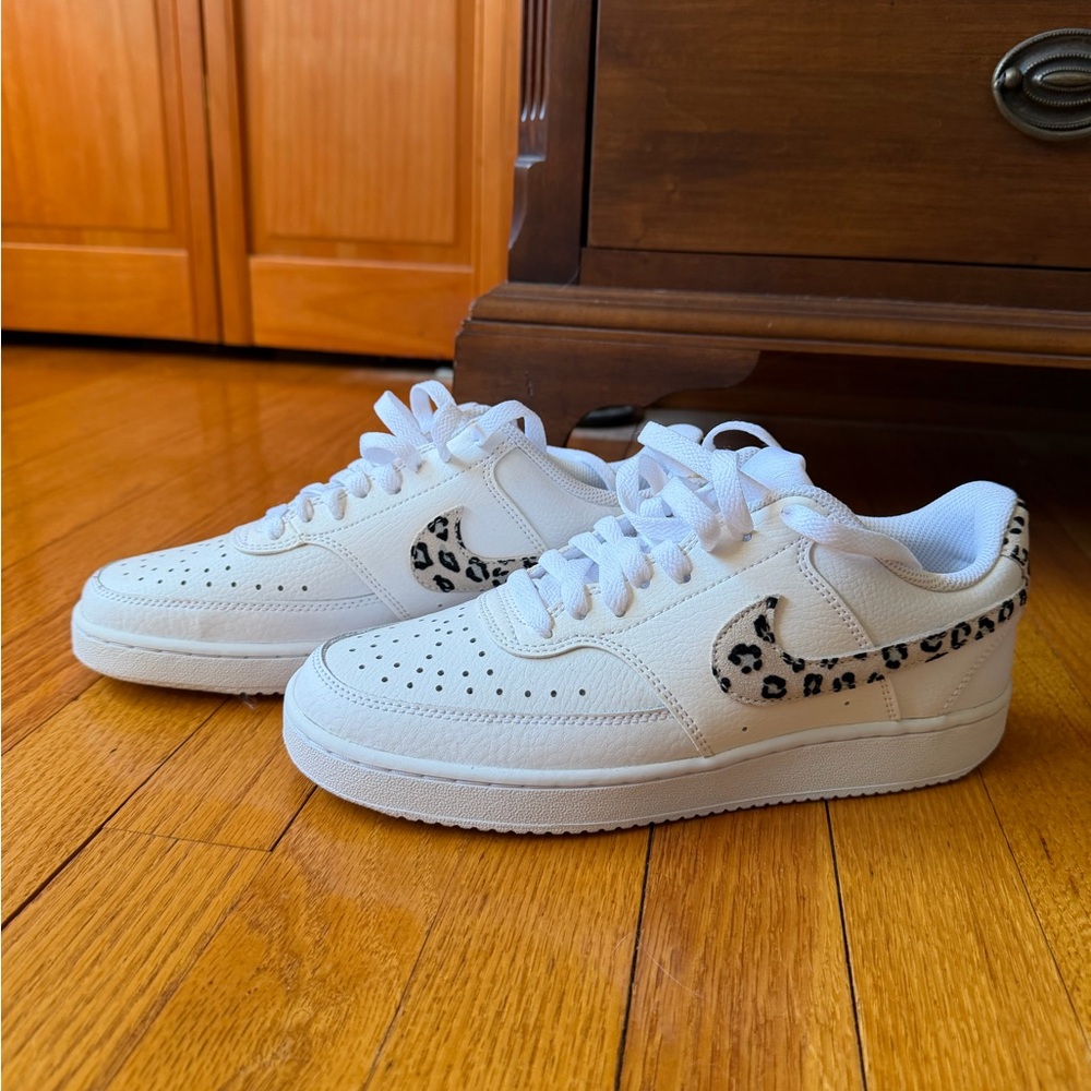 Nike White Sneakers with Leopard Print Swoosh